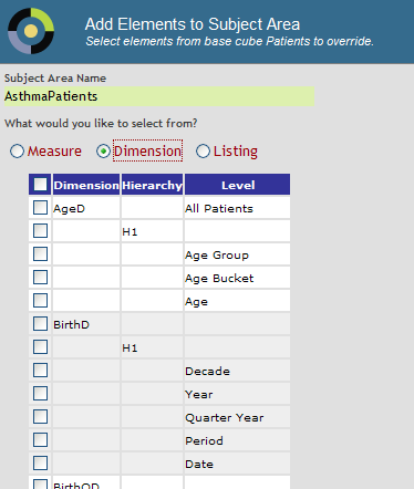 Add Elements to Subject Area dialog box, showing dimension AgeD, one hierarchy, H1, and three levels.
