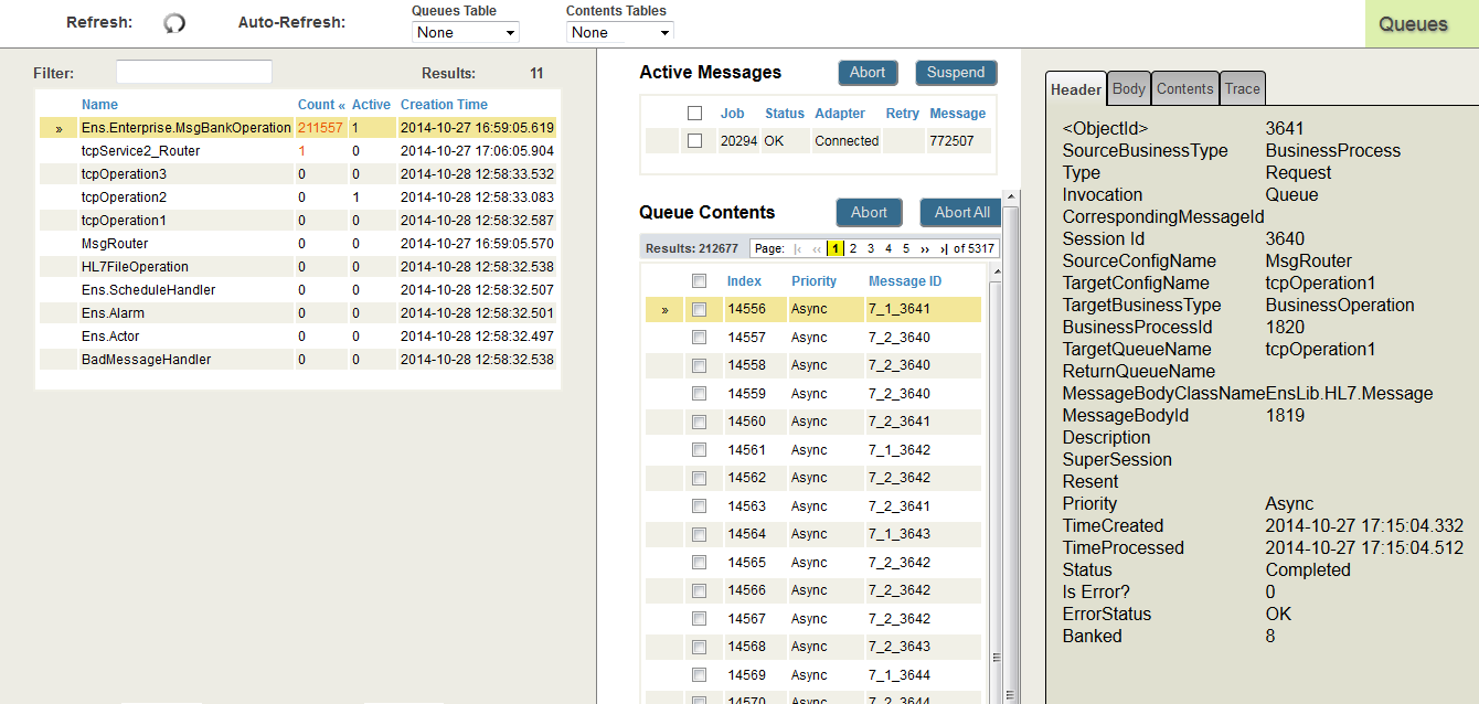 Queues page showing the queue contents of an enterprise message bank business operation