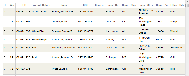 Table showing seven rows, and columns including ID, Age, DOB, Favorite Colors, Name, SSN, Spouse, Home City, and Home State.