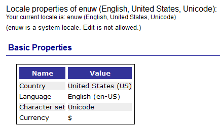 A display of locale properties, where the Country is United States, the Language is English, and the Currency is dollars.