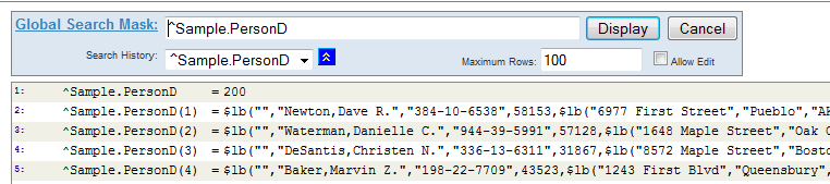 The stored data for Sample.Person as it is stored in the global, with the contents displayed node by node.