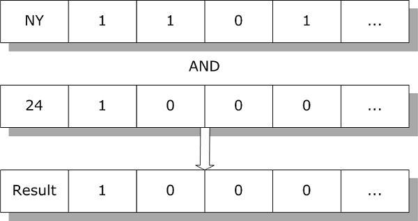 AND on 2 bitmap rows: State=NY RowID booleans AND Age=24 RowID booleans. Result: RowID boolean 1 if both NY and 24.