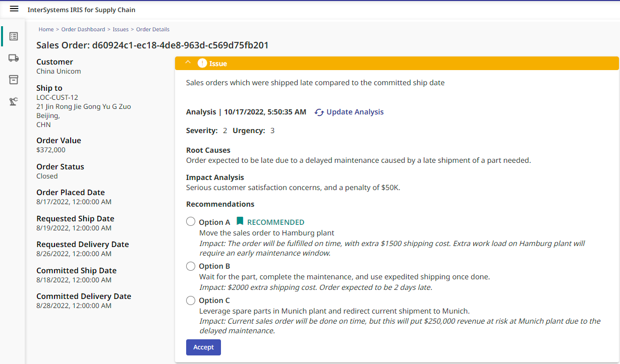issue analysis shows canned options for user to select among