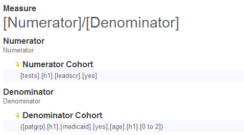 サンプルの品質メジャー定義。Numerator グループと Denominator グループそれぞれに、MDX 式で定義された要素が含まれています。