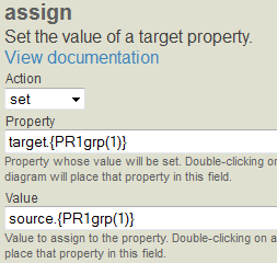データ変換における assign アクションの [プロパティ] および [値] フィールドの仮想プロパティ・パス