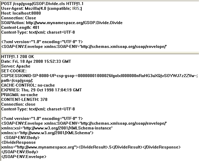 Host、SOAPAction、Date、Content-type などの詳細を含む各メッセージのトレース