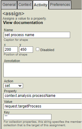 プロパティ context.analysis.processName を request.targetProcess に設定します