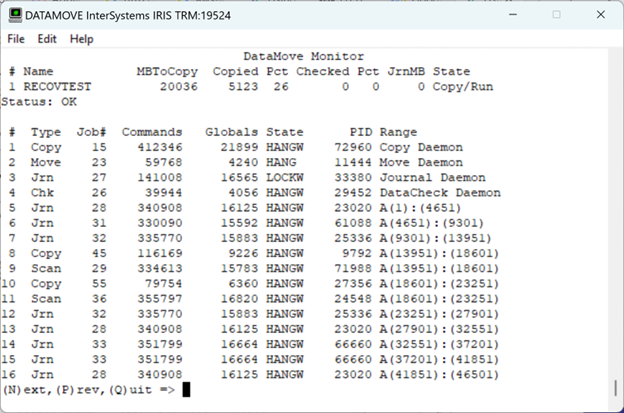 For each job, this display shows the Type, Job#, Commands, Globals, State, PID, and Range.