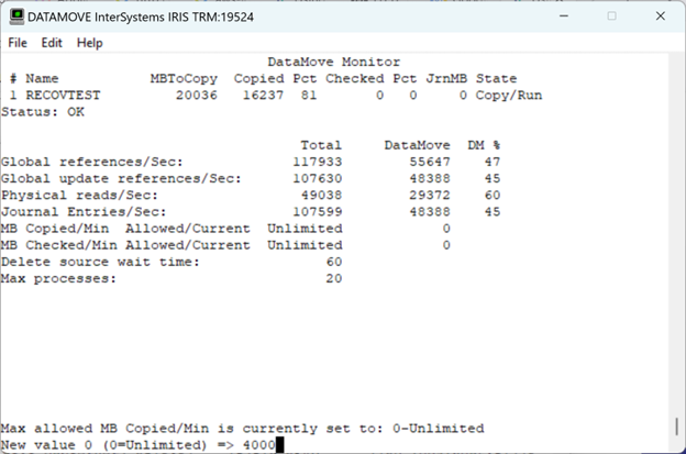 Press C to change rate. This example sets the Max allowed MB Copied/Minute to 1200.