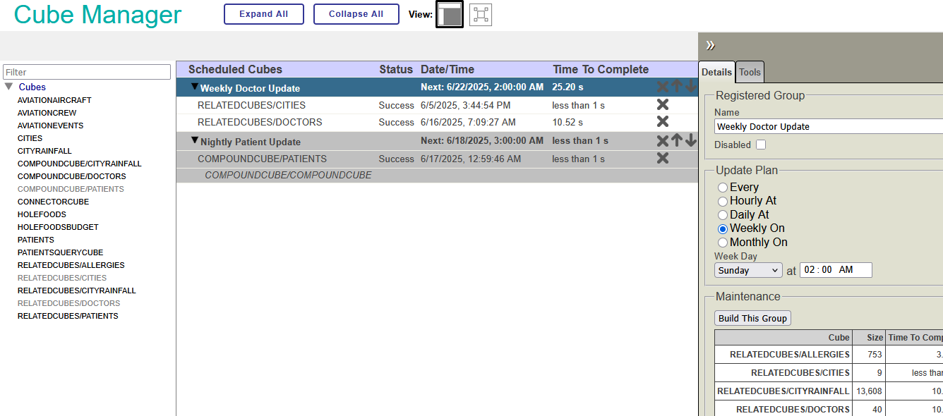 Cube Manager tree view with two schedule groups