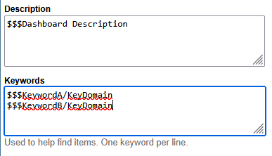 Dashboard example, showing $$$Dashboard Description used as the Description and $$$KeywordA used as a Keyword.