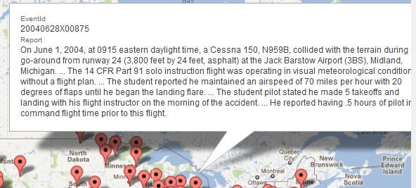Clicking a location on this map of aviation incidents reveals the EventID and Report fields for that incident.