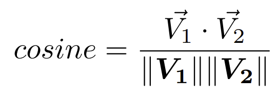 The formula for computing the vector cosine value.