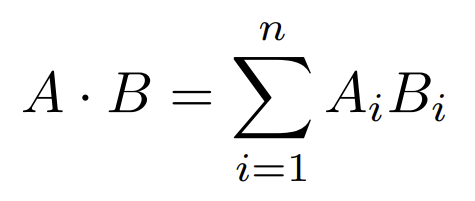 The formula for computing the dot product value.