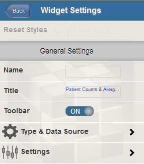 Some General widget settings include Name, Title, whether the Toolbar is enabled, and Data Source.