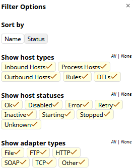 Has options to sort by name or status, filter by host type, filter by host status, filter by adapter type
