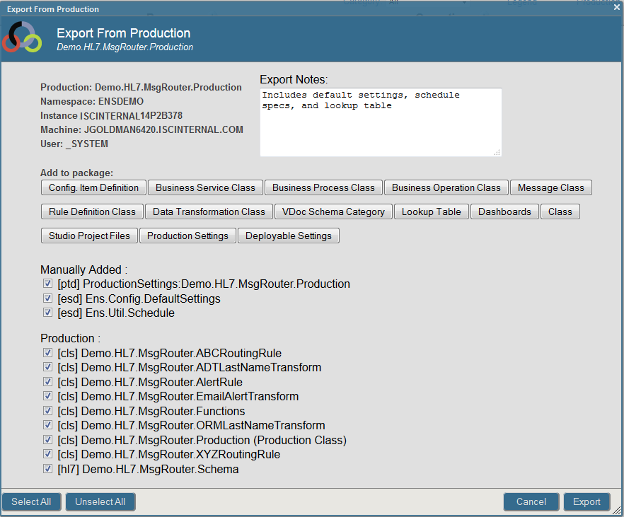 Export from Production dialog box with various components of the production selected for export