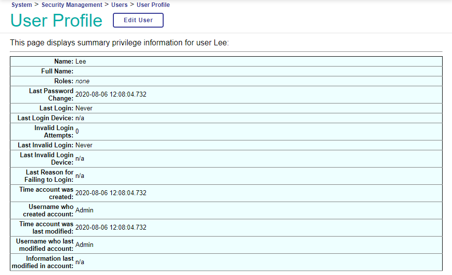 Lee's user profile, in which Lee has no roles.