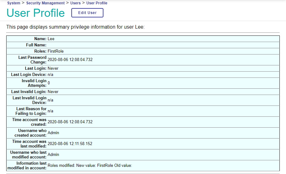 Lee's user profile, in which Lee only has the role called FirstRole.