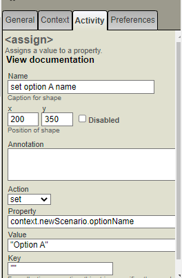 set property context.newScenario.optionName equal to Option A