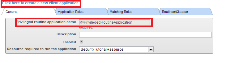 Red boxes highlighting the Privileged routine application name setting and the link to create a new application