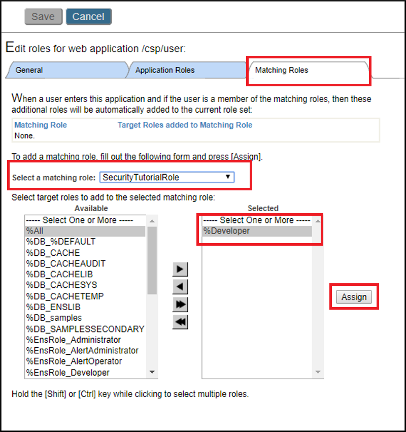 Red boxes highlighting Matching Roles tab, Select a Matching role drop-down list, Selected setting, and Assign button