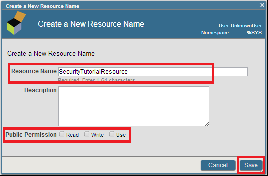 Red boxes highlighting the Resource Name setting and Public Permission setting
